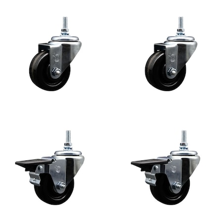 Service Caster 3 Inch Phenolic 38 Inch Threaded Stem Caster Set 2 Brakes SCC SCC-TS20S314-PHR-381615-2-PLB-2